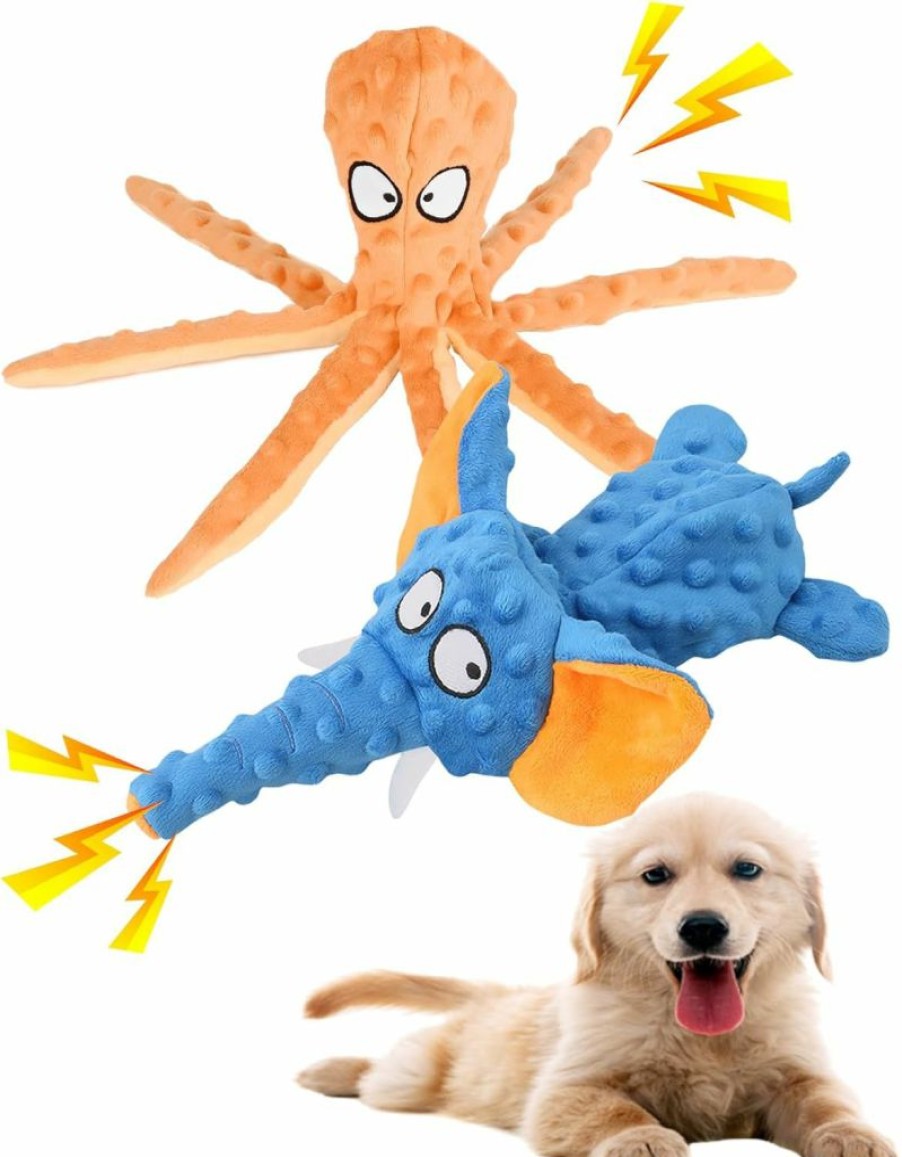 PEDVSTY | 2 Pcs Dog Toys, Squeaky Dog Toys, No Stuffing Plush Dog Toys, Chew Toys With Crinkle For Puppy Teething, Durable Pet Toys For Small Medium Dogs, Elephant Blue + Octopus Dog Toys