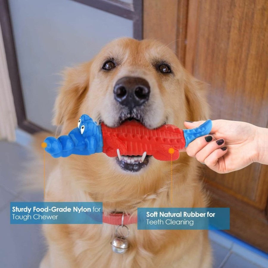 petizer | Petizer Dog Toys For Aggressive Chewers, Non Squeak Dog Chew Toys, Indestructible Dog Toys, Dog Teething Toys Made With Nylon And Rubber For Small/Medium/Large Dogs, Red And Blue Alligator