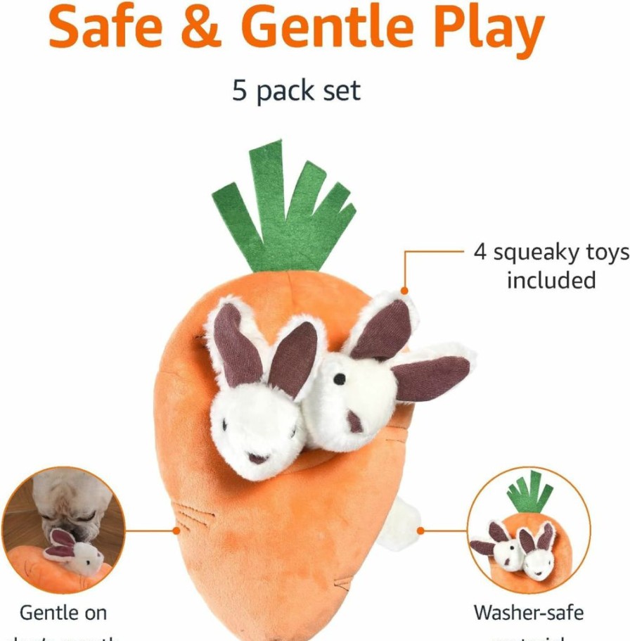 Amazon Basics | Amazon Basics Hide And Seek Squeaky Dog Plush Toy, Rabbit And Carrot, Orange And White, 5 Pack