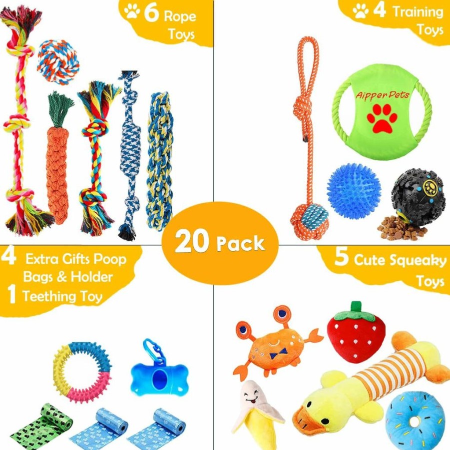 Aipper | Aipper Dog Puppy Toys, Puppy Chew Toys For Fun And Teeth Cleaning, Dog Squeak Toys,Treat Dispenser Ball, Tug Of War Toys, Puppy Teething Toys, Dog Rope Toys Pack For Medium To Small Dogs